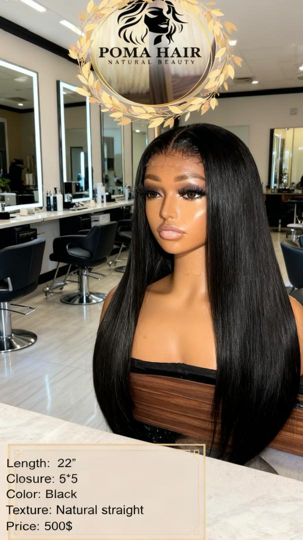 22" Natural Straight 5x5 Closure Wig - Black